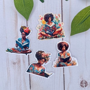 Black Girl Stickers, Melanin Vinyl Sticker, Stickers for Black Women, Water Resistant, Book Lover, Reader, Bookish Gift