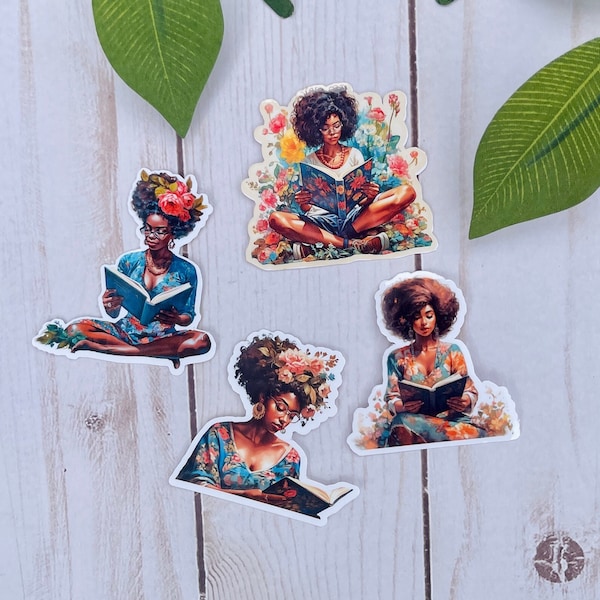 Black Girl Stickers, Melanin Vinyl Sticker, Stickers for Black Women, Water Resistant, Book Lover, Reader, Bookish Gift