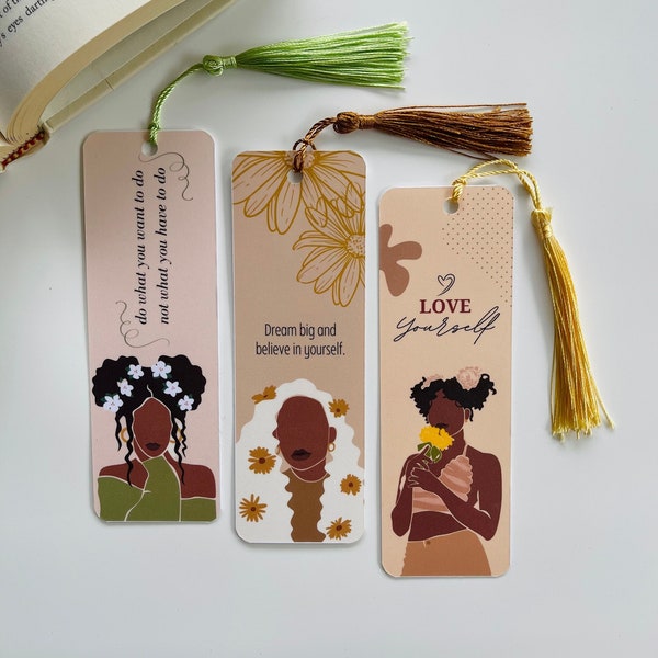 Marcador para mujeres negras, divisor de páginas de ambiente de los años 90, paquete de marcadores de chicas negras, regalos librescos, regalo para ella, amante de los libros, borla, inspirador