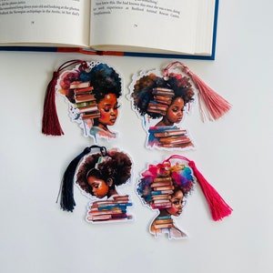 Marcador para mujeres negras, Divisor de páginas de acuarela Melanin, Paquete de marcadores de chica negra, Regalos de libro, Regalo para ella, Amante de los libros, Borla