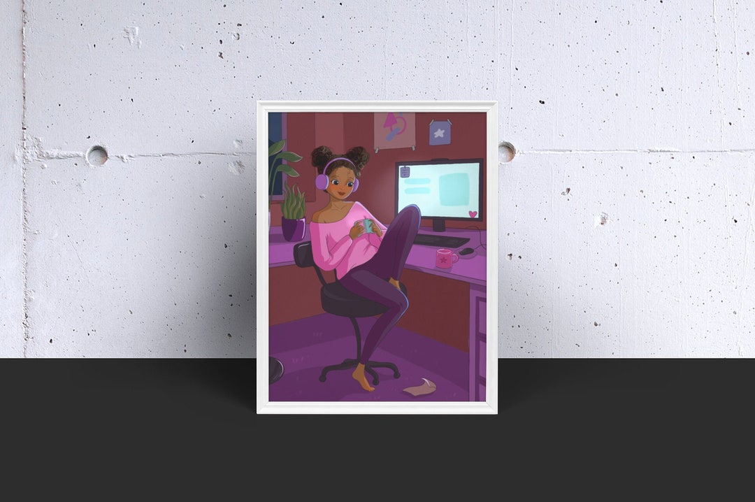 Girl Gaming Art Print, Black Girl Gamer Wall Art, Black Art, Gaming