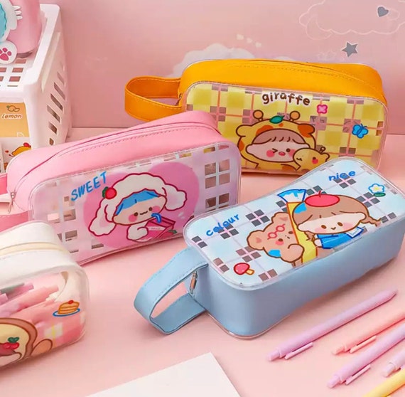 Cute Kawaii Girl Pencil Case, Cartoon Girl Pencil Pouch, Clear Cosmetic Bag,  Bread Pencil Case, Bunny, Bear, Make up Bag 