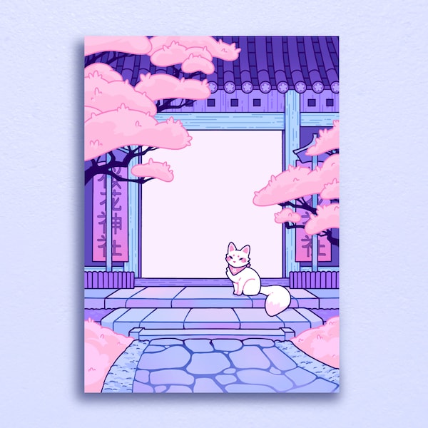 Kawaii Kitsune Illustrated Art Print | Glossy | Sakura Fox Japanese Shrine | Unique Gift | A5 5x7 Poster