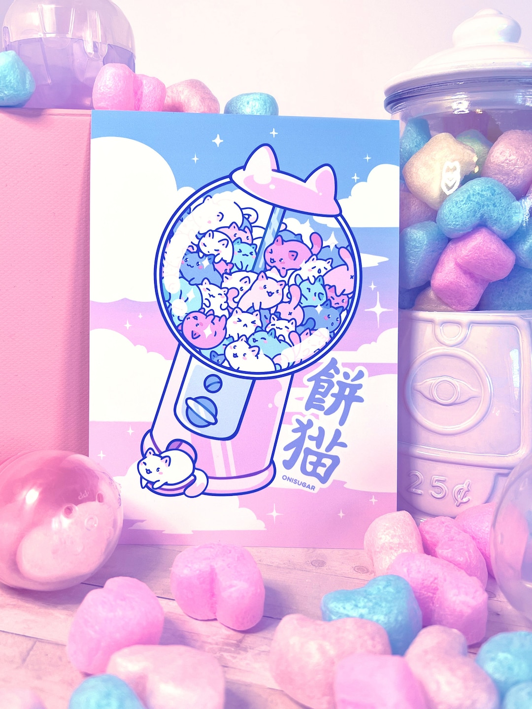 Gacha Mochi Cats Illustrated Art Print Glossy Kawaii Kitten Gachapon