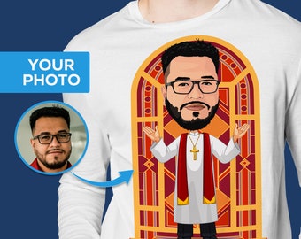 Camisa de manga larga personalizada para sacerdote, retrato de caricatura personalizado, regalo cristiano