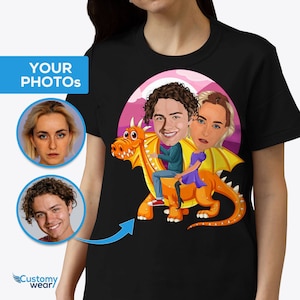 Camiseta personalizada para casal com desenho animado de passeio de dragão.