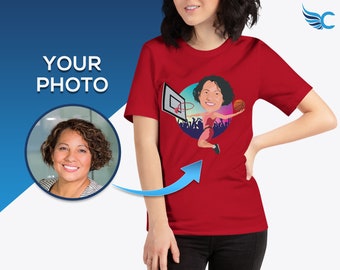 Camiseta deportiva personalizada con retrato de jugadora de baloncesto haciendo un mate / Camiseta deportiva personalizada