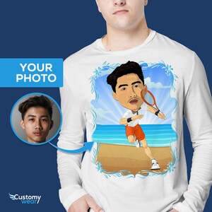 Camiseta de manga comprida personalizada com estampa de jogador de tênis, presente personalizado.