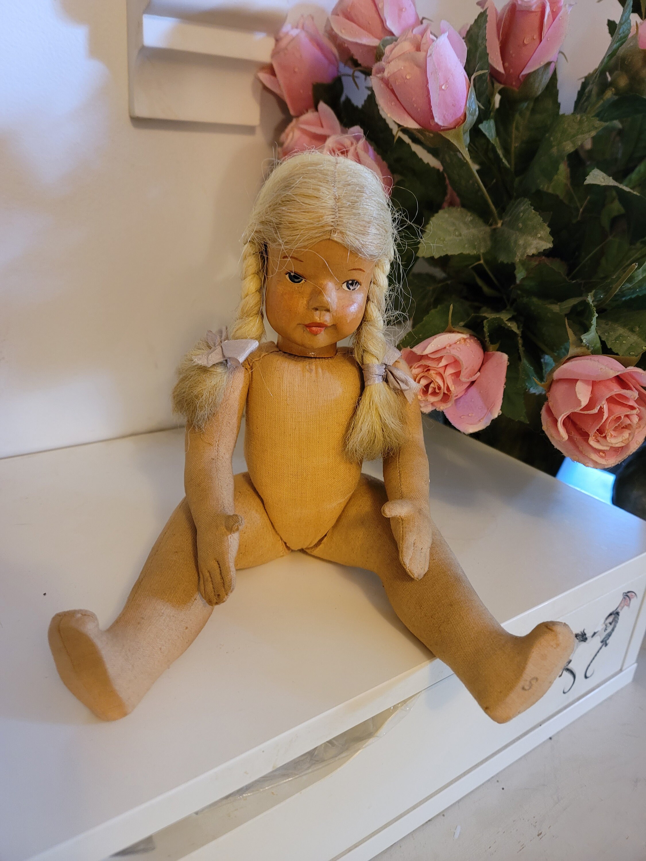 Antique Wood and Cloth Jointed Doll Rare Wood Doll Vintage Etsy