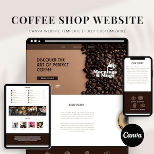 Könnte beinhalten: Eine Website-Vorlage für ein Café mit einem braunen und weißen Farbschema und einem Hintergrund aus Kaffeebohnen. Die Website enthält eine Speisekarte, einen "Tisch reservieren"-Button und einen Abschnitt über die Geschichte des Cafés. Die Website ist anpassbar und kann verwendet werden, um eine professionelle Online-Präsenz für jedes Café zu erstellen.