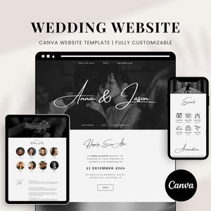 Op de afbeelding: Een zwart-witte bruiloft website sjabloon met de tekst "Anna & Jason" en de datum "21 december 2024". De sjabloon is aanpasbaar en bevat secties voor de save the date, RSVP, informatie en meer.