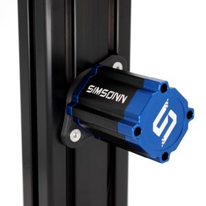 May include: A black and blue mechanical component with the text "SIMSONN" and a stylized "S" logo. The component is mounted on a black metal structure with silver screws. The design features a combination of black and blue colors.