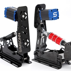 May include: Two black racing pedals with blue and red accents. The pedals have the brand name "SIMSONN" printed on the side. The pedals are designed for racing simulators.