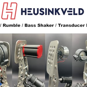 May include: Four different types of metal mounts for haptic, rumble, bass shaker, or transducer devices. The mounts are silver and feature a variety of mounting holes and brackets. The text "HEUSINKVELD" is visible in the top center of the image.