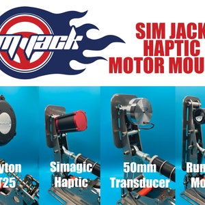 Peut inclure: Quatre types différents de supports de moteur haptique pour la simulation de course. Les supports sont en métal et ont une finition noire. Les moteurs sont fixés aux supports à l'aide de vis. Les moteurs sont étiquetés "Dayton TT25", "Simagic Haptic", "50mm Transducteur" et "Moteur de vibration".