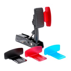 May include: A black and silver drum pedal with a textured footplate and a red beater. Three additional beaters in black, red, and blue are also included. The pedal is designed for use with a drum set.