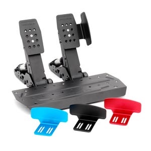 May include: A black metal racing pedal set with two upright pedals featuring perforated plates and the MOZA logo. The base plate is flat and rectangular. Three additional pedal face plates in bright blue, black, and red are included separately.