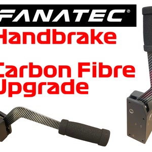 Op de afbeelding: Fanatec Handbrake Carbon Fibre Upgrade. Een zwarte handrem met een carbonfiber hendel en een zwarte schuimrubberen grip. De handrem is gemonteerd op een zwarte basis.