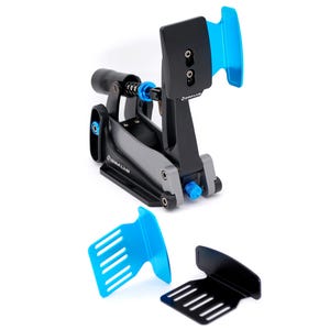 May include: A black and gray camera accessory with blue accents. The device has a complex mechanical design with multiple adjustable parts. Two additional blue and black components are also included.