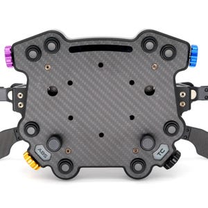 Op de afbeelding: Een zwart carbonfiber stuurwiel met twee schakelpedalen, twee knoppen met de tekst "ABS" en "TC", en meerdere zwarte knoppen.