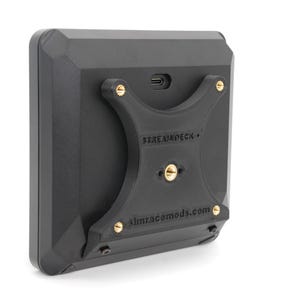 May include: A black Stream Deck+ device featuring a custom-fitted black mounting bracket attached to the rear. The bracket includes gold-colored metal screw inserts and the text STREAMDECK+ and slimracemods.com embossed on its surface.