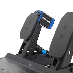 May include: Black and blue racing simulator pedals with the brand name "SIMSONN" on the top. The pedals are mounted on a black base with a "G" logo. The footrests are black and angled.