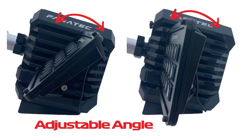 May include: Black Fanatec racing wheel base with an adjustable angle button box. The button box has multiple buttons and is mounted on a white surface. The text "Adjustable Angle" is displayed in red.