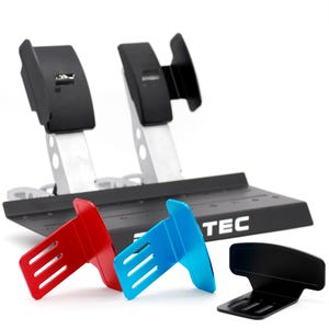 May include: A black and silver racing simulator pedal set with red, blue, and black accessories. The pedal set has two black pedals and a black base with the word "TEC" printed on it.