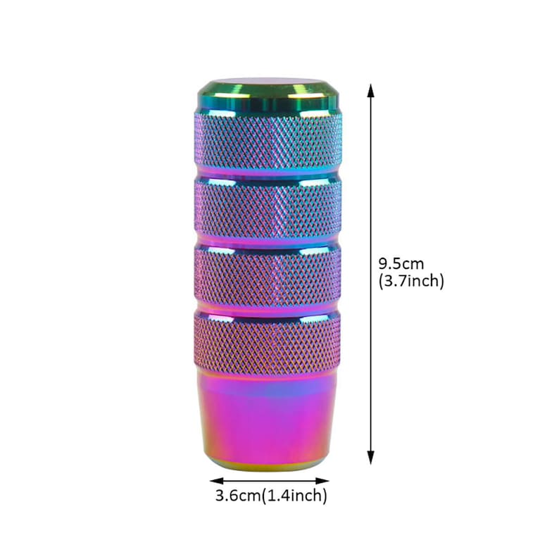 May include: A rainbow-colored metal gear shift knob with a textured surface. It measures 3.7 inches in height and 1.4 inches in diameter.