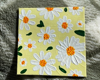 デイジー オリジナル 小さなアクリル花の絵画、額入りデイジーアート