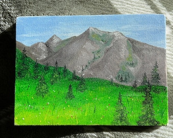 Paisaje de montaña de pintura al óleo original con bosque de pradera de flores silvestres sobre lienzo