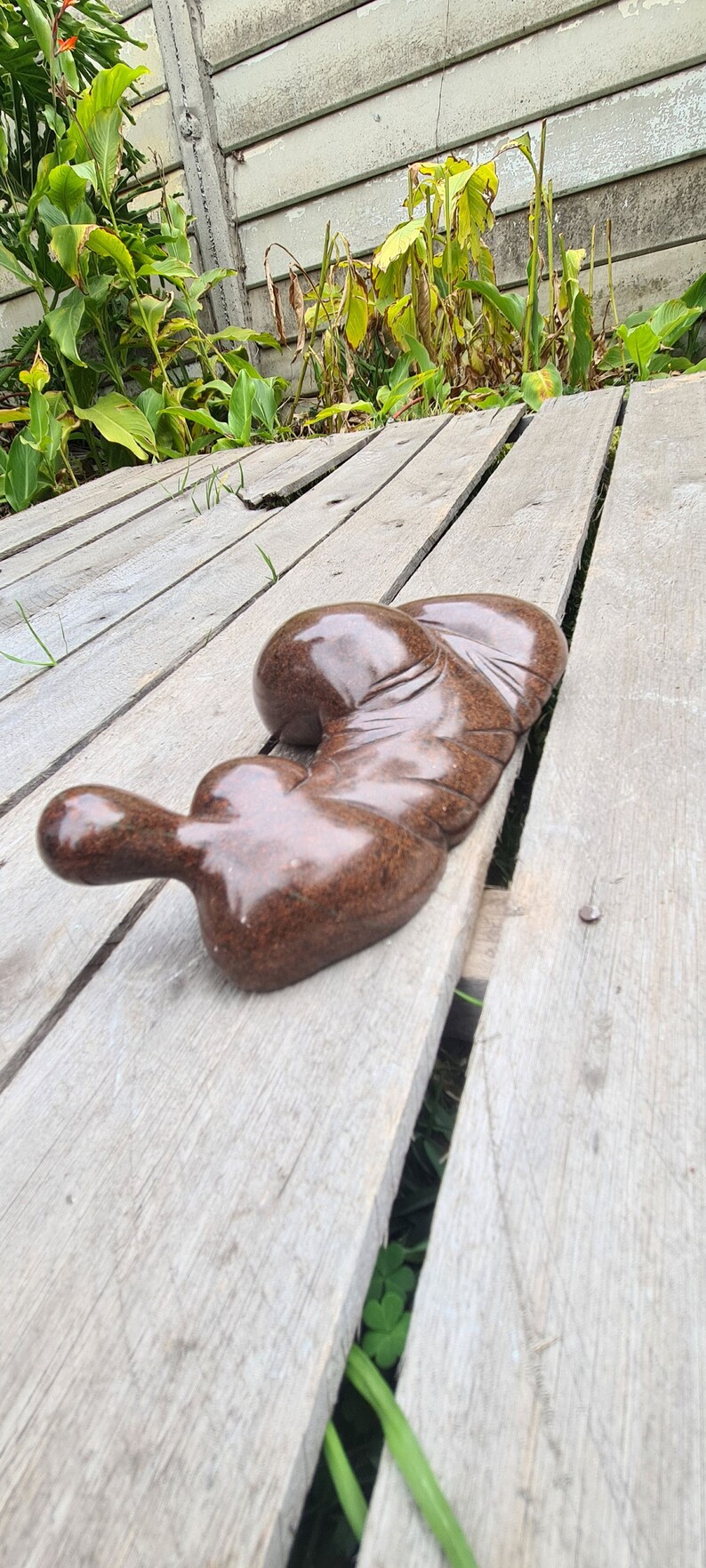 May include: A smooth, dark brown, abstract sculpture made of stone, resting on a wooden surface.