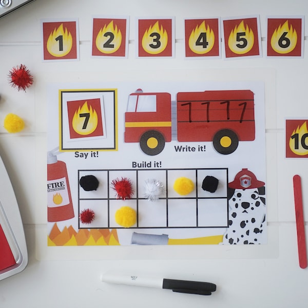 Fire Truck Counting Mat. Ten Frame. Say It! Write It! Count It! Preschool. PreK. Kindergarten. Firefighter theme learning. Homeschool.