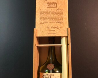 DeMontal Armagnac V.S.O.P. empty bottle in wood box with thanks letter