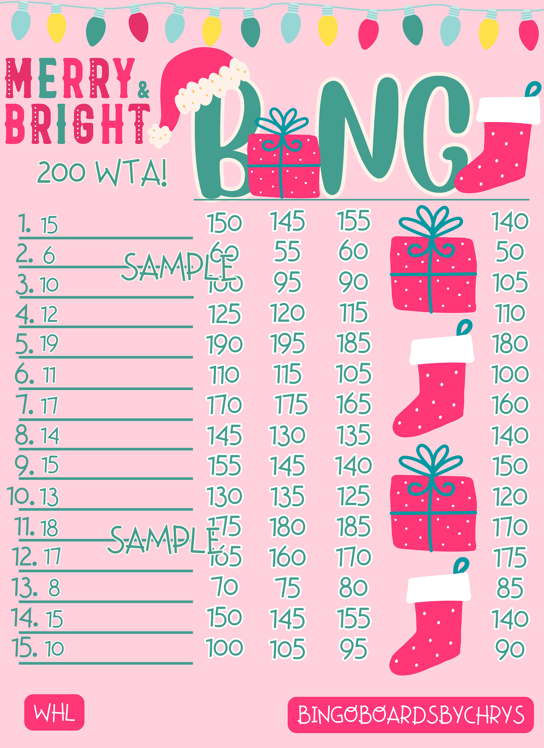 200 WTA bingo board