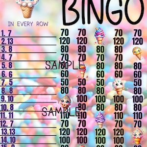 Könnte beinhalten: Eiscreme-Bingo-Karte mit buntem Hintergrund und Zahlen von 50 bis 120. Die Karte hat ein freies Feld in der Mitte und ist mit "Eiscreme-Bingo" beschriftet.