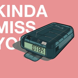 May include: A blue and black vintage-style alarm clock with a digital display reading "0734" and the text "kinda miss you" in white on a pink background.