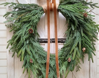 Rustic Christmas Norfolk Pine and Cedar Cascading Wreath with a Brass Bell Option, Traditional Farmhouse Modern Minimalist Decor