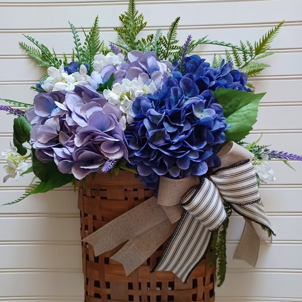 Summer Hydrangea Front Door Basket, Hanging Basket with Purple Hydrangeas, Year Round Door Hanger, Charming Wedding Decor, Timeless Gift