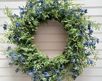 Year Round Blue Garden Valerian Wreath, Spring Garden Greenery Wreath, Everyday Front Door Decor, Modern Farmhouse and Minimalist Decor