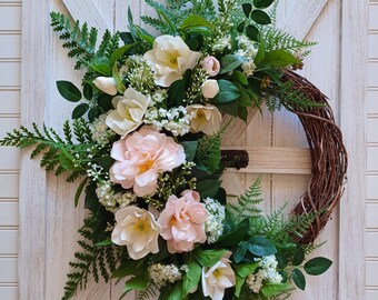 Spring Pink Camellia and Ivy Wreath, Farmhouse Front Door Floral Decor, Classic Cottage Charm Summer Decor, Easter or Mother's Day Gift,
