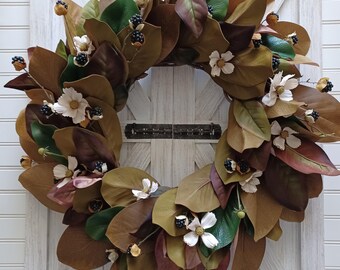 Fall Magnolia Leaf Wreath with Blackberries and Cream Cosmos, Autumn Magnolia Leaf Front Door Decor,  Farmhouse Wreath, Housewarming Gift