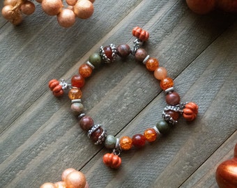 Pumpkin Patch Beaded Bracelet, Fall Jewelry, Autumn Jewelry, Pumpkin Jewelry, Pumpkin Bracelets