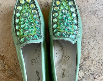 Vintage Driving Shoes Loafers Mint Green Rhinestones Bling Slip On Size 8 Primigi Brand