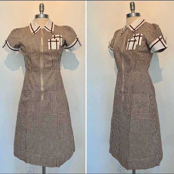 Original Deadstock Vintage Angelica Brown and White Checkered Cotton Waitress Uniform. Adorable Halloween costume!