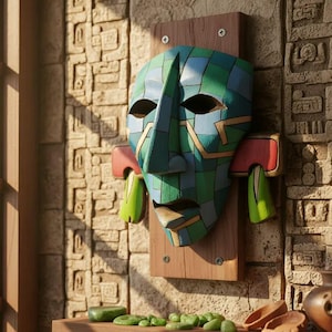 Hand Carved Cedar Mayan Mask 4, Chac Mool Art, Indigenous Mexican Folk Decor