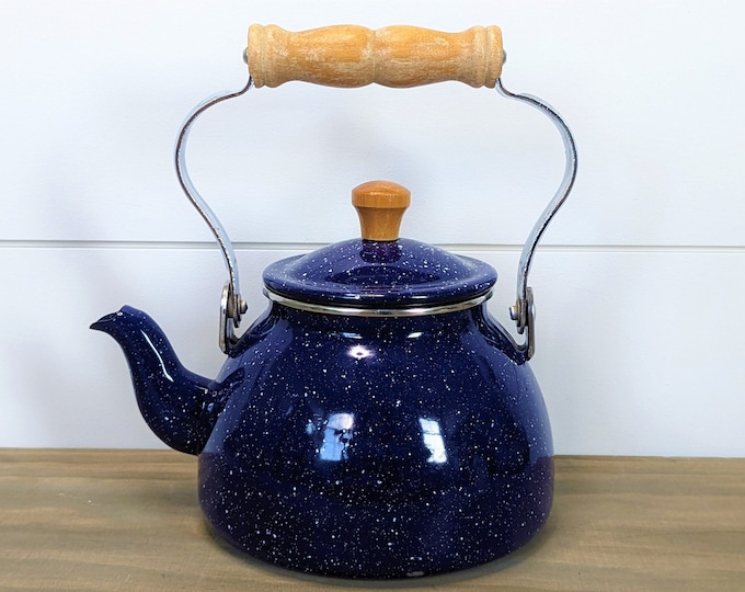Vintage Blue Speckled Enamelware Teapot With Wood Handle Etsy