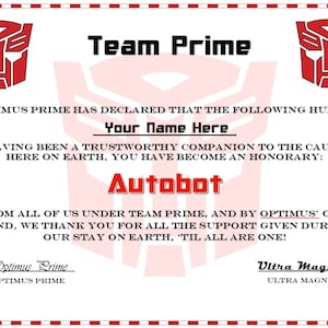 Transformers - Honorary Autobot Certificate - Digital Download