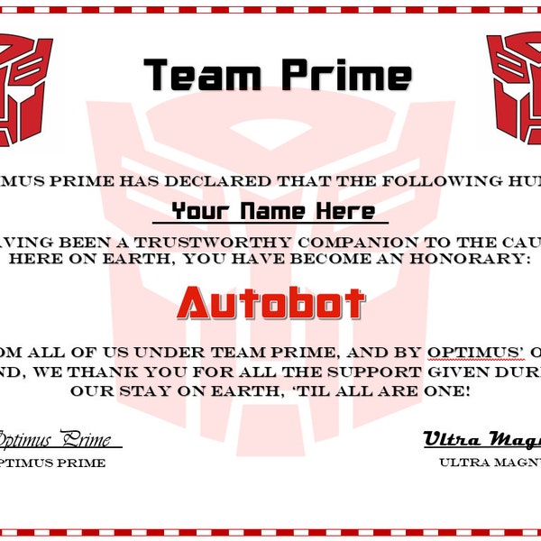 Transformers - Honorary Autobot Certificate - Digital Download