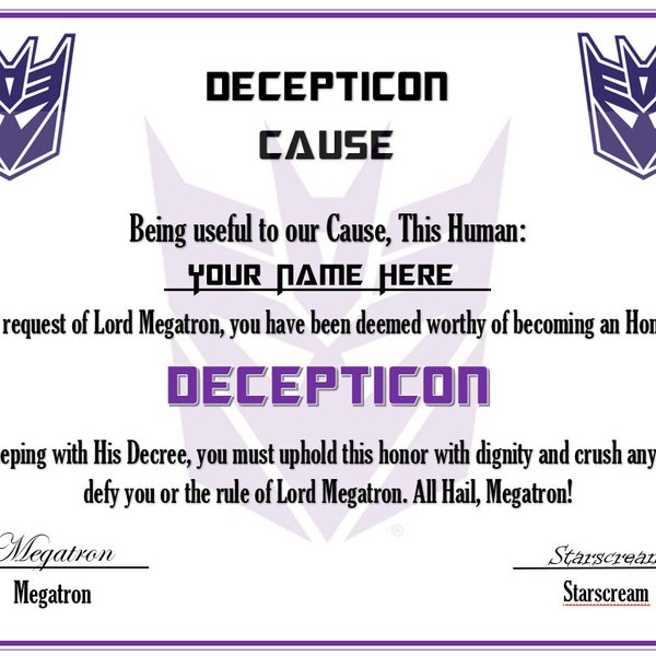 Transformers - Honorary Decepticon Certificate - Digital Download